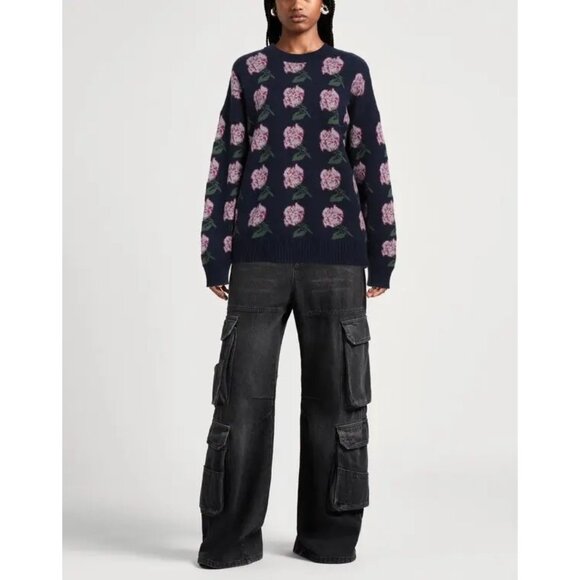 NWT $965 MSGM Jacquard Floral Rose Set Knit Sweater Size Large & Silky Pants Siz